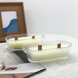 Proveedor LO94 de gama alta, soporte de vidrio grueso con forma de barco ovalado clásico, mechas de madera dobles, vela perfumada para decoración del hogar y uso en la oficina - Product Image 3