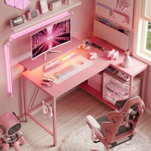 Reversible <strong>Storage</strong> Shelves Workstation <strong>Desk</strong> <strong>Small</strong> Corner Gaming Computer <strong>Desks</strong> Office Bedroom Pink Carbon Fiber L Shaped <strong>Desk</strong> - Product Image 1