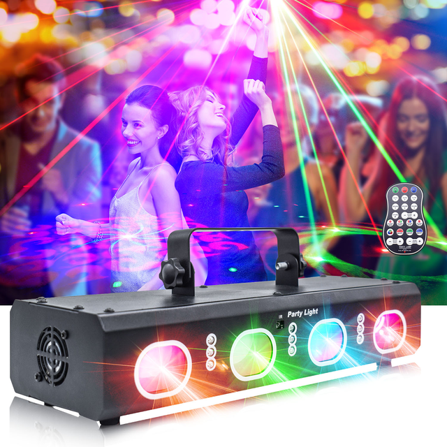 Stage Light Four Head Laser LED DMX512 Sound Activated Remote Auto Run Master Slave Portable Bar KTV DJ Party Projector
