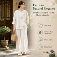 Pyjama en coton et lin pour femmes, style chinois, motif papillon Ruyi, manches trois quarts, pantalon long, vêtements de maison pour femmes