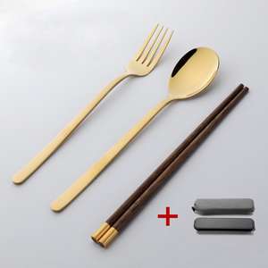 Ensemble de baguettes et de fourchette en or de voyage réutilisables portables en acier inoxydable avec étui noir dans une <span class=keywords><strong>pochette</strong></span> - Product Image 6