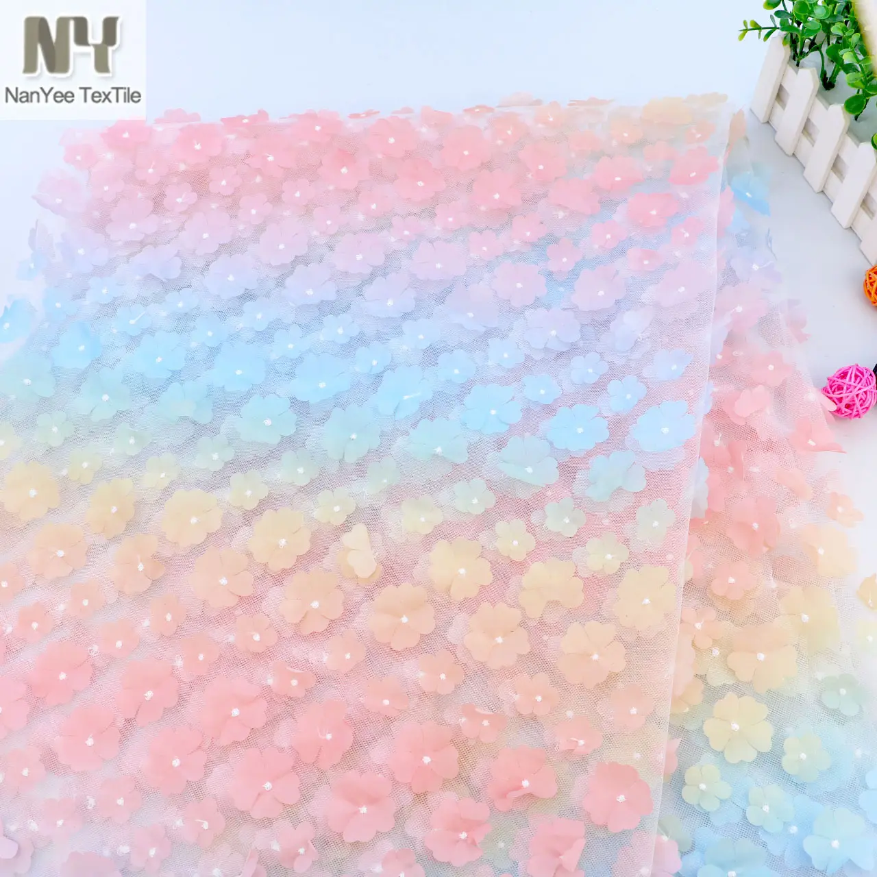 Nanyee tekstil çok renkler uzay boyalı dantel çiçek aplike nakış kumaş tül