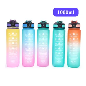 Custom Logo 32oz Tritan Gym Motivational Bpa Free Plastic Sports Water Bottle With Time Marker Straw Strainer Flip Top Cover