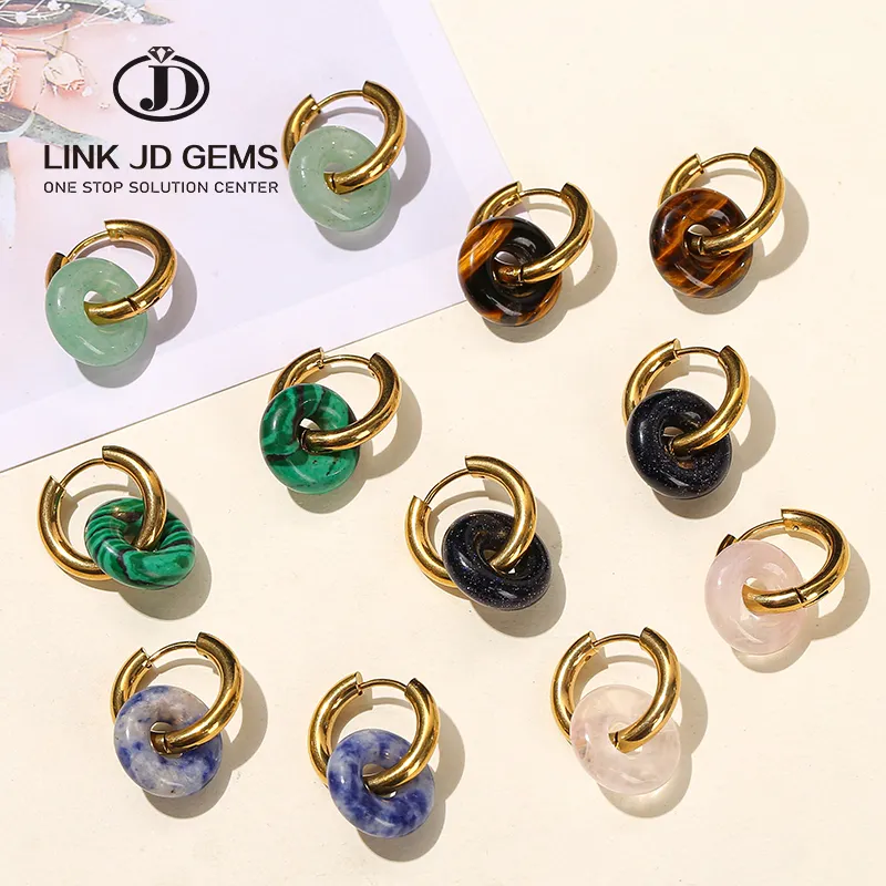 JD vàng mạ Bông tai Handmade Hoop Bông tai đá quý tự nhiên màu xanh lá cây Aventurine bánh rán thép không gỉ vàng Hoop Bông tai