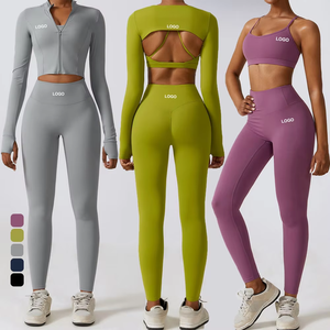 Autumn Winter Women's 2-Piece Breathable High-Waisted Gym Sportswear Set Solid Bra Smock Tights <b>Crop</b> <b>Top</b> <b>Long</b> <b>Sleeve</b> Jacket - Product Image 3