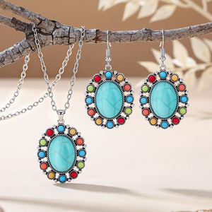 Conjunto de Joyería Bohemia, Collar con Colgante Ovalado de Turquesa, Aretes de Aleación, Moda para Mujer, para Fiestas - Product Image 1