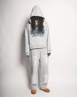 Kustom asam katun cuci pakaian olahraga kosong cocok polos kontras jahitan Pullover Hoodie dan celana olahraga Set pakaian olahraga