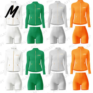 Jaket Logo Kustom Celana Yoga Berkualitas Tinggi Pakaian Olahraga Gym Resleting Kebugaran Wanita Jaket Olahraga Dengan Celana Pendek Set 2 Potong - Product Image 1