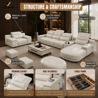 Canapé d'angle moderne en cuir véritable beige, trois places, avec appuie-tête réglable, console de rangement et revêtement rembourré