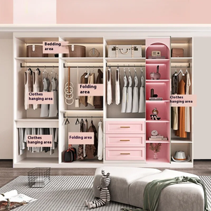 Armoire rose sur mesure pour chambre à coucher, meuble personnalisé avec coiffeuse, étagères, tiroirs et zones de suspension - Product Image 3