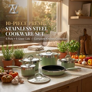 Conjunto de Utensílios de Cozinha Clássico de Aço Inoxidável Durável com 10 Peças, com Cabos de Silicone, Panela de Sopa 16-24cm, Panela para Leite, Frigideira e Tampa de Vidro - Product Image 1