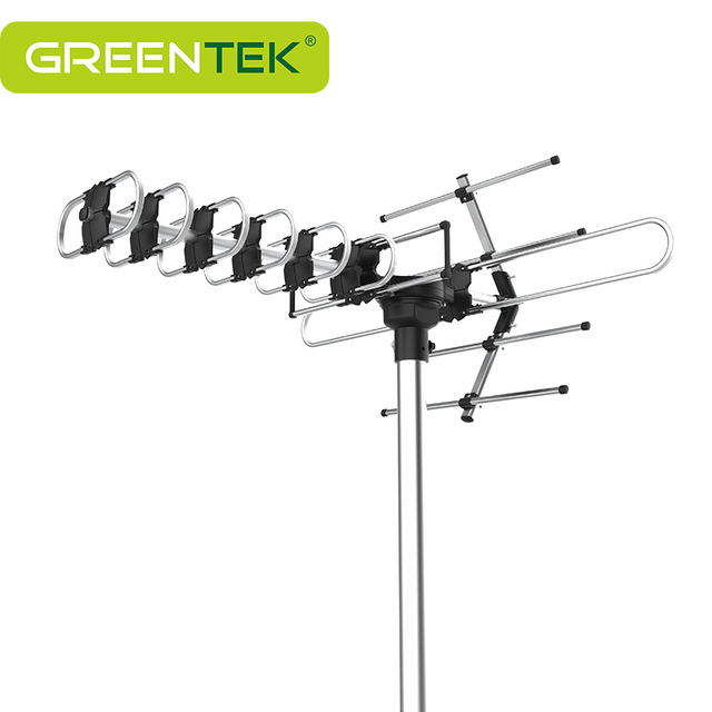 GREENTEK Outdoor Amplified Digital HDTV Antenna 150 Mile Motorized 360 Degree Rotation HD TV Antenna for 2 TVs Support UHF/VHF