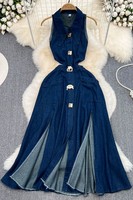 Gaun Maxi Denim Retro Wanita Tanpa Lengan Dengan Kerah Kancing Depan, Potongan Pinggang, Saku Samping, Model A-Line Kasual