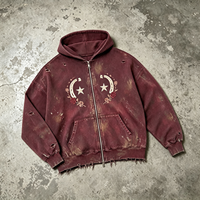 Sweat à capuche zippé épais bordeaux, délavage vintage, effet vieilli, broderie étoile, lune et rose, délavage acide, streetwear, molleton de coton