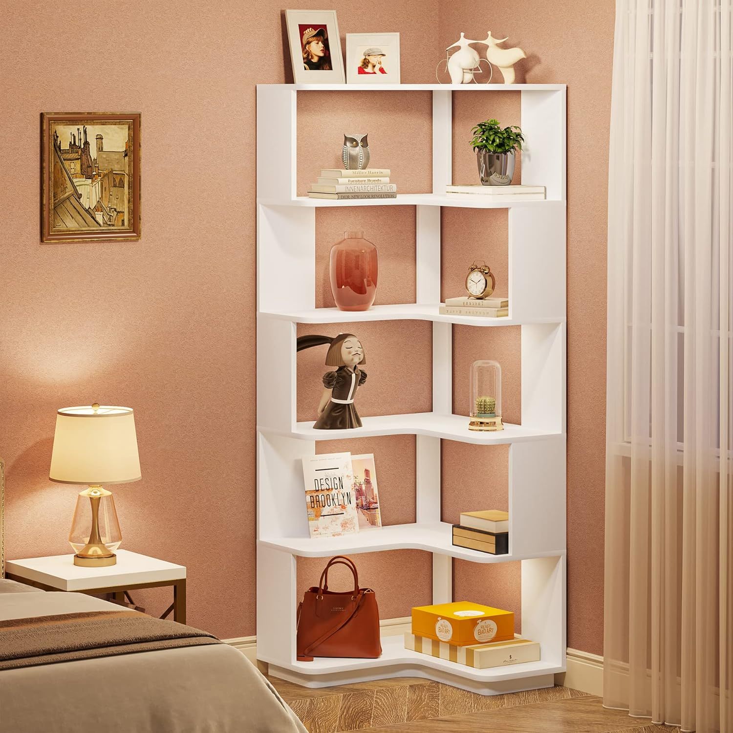 Stella Trading Corner Étagère d'angle en Aspect chêne Sonoma - Étagère Peu encombrante avec 6 Compartiments Ouverts pour Le Salon, la Chambre d'adolescent ou l'entrée - 38 x 186 x 38 cm