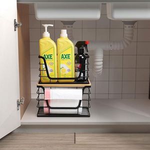 2 Pack <b>Storage</b> Stackable <b>Kitchen</b> Organizers with Bamboo Top Wall Mount Large Trash Bag Holder and Standard Garbage Bag Dispenser - Product Image 4