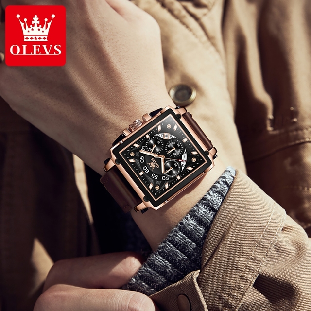 For Olevs 9919 Luxury Sports Quartz Wrist Watch for Men 40mm Square Red Analog Pointer Waterproof Stopwatch Rubber Leather