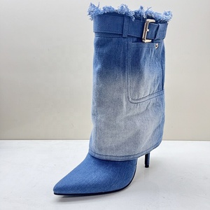 Bottines courtes personnalisées à franges en jean léger pour femme, talons aiguilles fins, avec boucles - Product Image 2