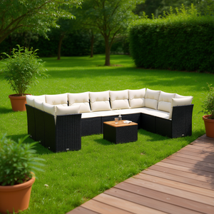 Garden <b>Sofa</b> <b>Set</b> Black Cream PE Rattan Outdoor Furniture Contemporary Design Solid Acacia Wood High Density Foam Cushions - Product Image 2