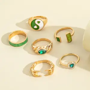 Fashion Retro Women's Green Love Tai Chi Crystal Drip Oil Simply Diamond Open 6 Piece Ring Set