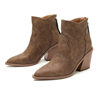 Damen Khaki Kunstleder Western Stiefeletten Spitze Zehe Gestapelter Blockabsatz Reißverschluss Hinten Lässige Schuhe Großhandel ODM OEM