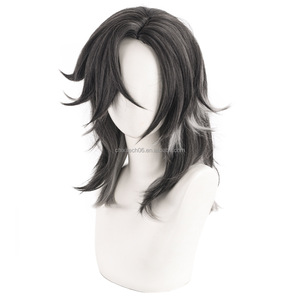 <span class=keywords><strong>Peluca</strong></span> de cosplay de Saint Da, el <span class=keywords><strong>Caballero</strong></span> de la Quinta Personalidad, con cola de lobo en degradado negro y gris en el cuero cabelludo - Product Image 4