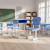 Ensemble pupitre et chaise individuels pour étudiant avec plateau en plastique, structure métallique et tiroir pour l'étude en classe