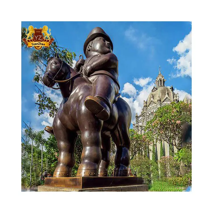 Decorazione del giardino all'aperto riproduzione artistica in metallo De Sculpture Botero scultura astratta in ottone bronzo Fat Man e Horse Statue