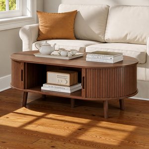 Oval <b>Coffee</b> <b>Table</b> with Tambour Door Mid Century Modern Fluted Storage <b>Table</b> <b>Walnut</b> 1080 x 580 x 400 mm Size - Product Image 1