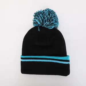 Atacado Personalizado de Alta Qualidade Unisex Acrílico Plain Cap Tingido Bordado De Malha Gorras Inverno Ski Pom Pom Hat Woven Label Beanie