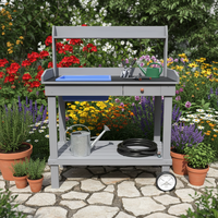 Banc de jardinage mobile en bois avec tiroir, roulettes et plateau de plantation, poste de travail extérieur pour la plantation avec étagère de rangement