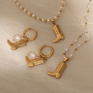 INS Popular Women 18k Gold Plated Stainless Steel Fashion Anti Tarnish <strong>Jewelry</strong> <strong>Jewelry</strong> Sets Western Cowboy <strong>Boot</strong> Pearl Necklace - Product Image 1