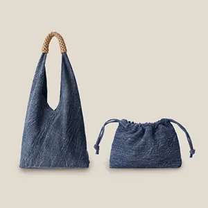 Custom Logo Eco Recycled Designer Women Shoulder Jean Cloth Tote Bags Denim Tote Bag Large Capacity Shoulder Bags For Women