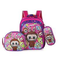 Ensemble de 3 sacs à dos à roulettes Labubu avec sac à déjeuner et trousse à crayons, léger, grande capacité, cartable pour enfants, motifs de dessins animés variés