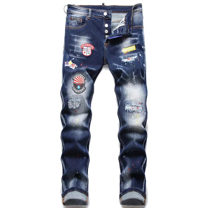 Wholesale New Style Men's Distressed Destroyed Badge Pants Art Patches Skinny Jeans Slim Trousers Men Denim Jeans