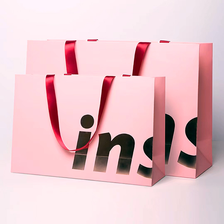 luxury kraft square bottom pink paper cosmetic gift bag with handles satin drawstring bag custom logo