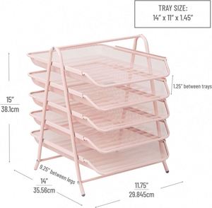 Metal Desk Organizer with 5 Sliding <b>Trays</b> for Letters and <b>Files</b> Holder 5 Tier Paper <b>Tray</b> Desktop <b>File</b> Storage Office Pink - Product Image 3