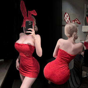 Vestido Mini Ajustado de Encaje sin Tirantes Lemon Story, Disfraz de Conejita, Lencería Sexy para Mujer, Rojo, Ajuste Elástico Alto - Product Image 2