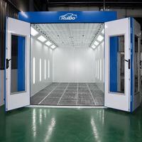 Cabine de peinture automobile RuiBo, blanche et bleue, avec façade à trois portes pliantes, filtre de plafond et plancher entièrement grillagé