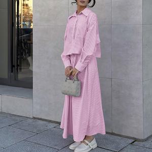 Ensemble deux pièces en lin à prix abordable : chemise décontractée à col rabattu en lin rayé et jupe trapèze en lin à taille élastique – Tenue quotidienne OOTD - Product Image 3