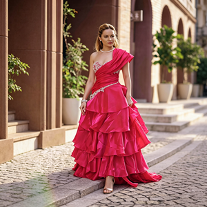 <span class=keywords><strong>Abito</strong></span> da sera <span class=keywords><strong>lungo</strong></span> monospalla in <span class=keywords><strong>organza</strong></span> fucsia con strass di cristallo, perle e perline, a balze, con spacco alto, per ballo di fine anno, matrimonio o feste formali - Product Image 2