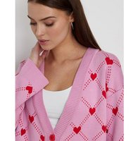 Cardigan élégant anti-rides en coton et polyamide pour jeunes femmes, rose, avec motifs cœurs mignons et poches