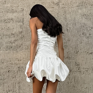 Été 2025 Loose Solid Satin Strapless Party Evening Wedding Women Dress Latest Sexy Off Shoulder Bouffant Mini Dress - Product Image 3