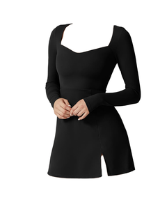 Abito Midi Casual da Donna Personalizzato <span class=keywords><strong>Nero</strong></span> a Maniche Lunghe <span class=keywords><strong>con</strong></span> Vita Impero, Orlo Svasato, Tessuto Traspirante, Scollo Quadrato e <span class=keywords><strong>Spacco</strong></span> <span class=keywords><strong>Laterale</strong></span> - Product Image 3