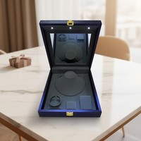 Boîte à bijoux lumineuse avec lumière LED et couvercle miroir, bleu marine, étui de présentation pour collier, bague, boucles d'oreilles, organisateur, cadeau