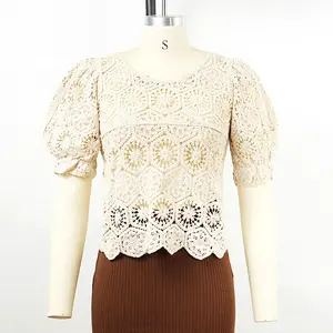 Summer Fashion Plus Size Ladies Blouses Puff Sleeve Lace Hollow Out Crochet Shirt