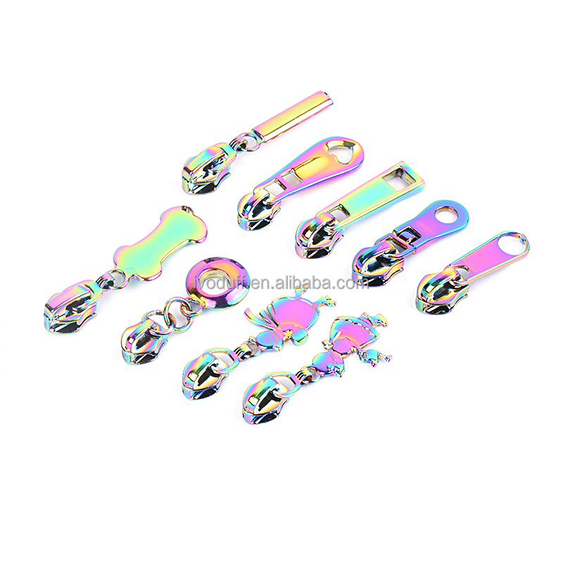 Различные стили, новинка, аксессуары для сумок радужного цвета, красочный металлический съемник на молнии/застежки на молнии, индивидуальная форма, логотип, слайдер на молнии