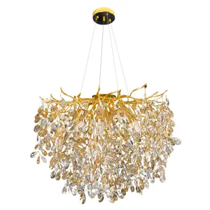 High Quality Crystal Gold Cascade Banquet Hall Art Deco Round Leaf Branch Chandeliers Modern Luxury Pendant Lights Villa Light