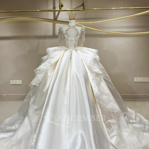 Robe de mariée JFH112 glamour en satin à col en V avec cristaux, appliques florales modernes, traîne chapelle, longueur ras du sol pour femme - Product Image 6