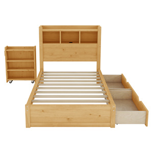 Lit simple pour enfants avec éclairage et tiroirs de rangement, style nordique, en bois massif, couleur blé, pour chambre d'enfant - Product Image 5